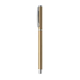 A gold aluminium gel pen with a silver clip and a smooth finish, featuring a logo on the barrel.