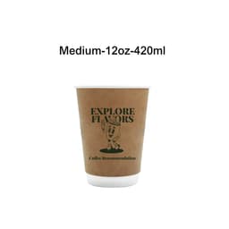 A custom disposable double wall kraft paper cup in brown with a logo and a white inner lining.