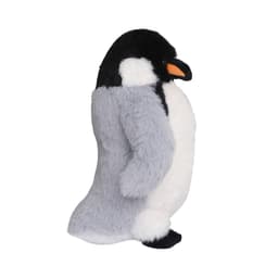A plush toy penguin in grey and white, featuring an orange beak and a black head. It has a branding logo.