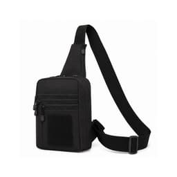 A black tactical sling bag with multiple zippered compartments and an adjustable strap. Features a patch area.