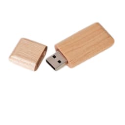 A wooden flash drive in a light wood colour, with a removable cap. It features a simple, sleek design.