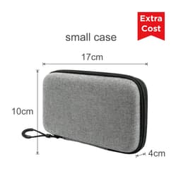 A small grey case with a zip closure and a hook, measuring 17cm by 10cm by 4cm.