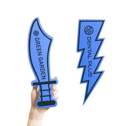 A hand holds two promotional foam products: a blue sword and a blue lightning bolt, each with logos.