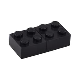 A black brick-shaped flash drive with six circular protrusions on the top. It has a logo on one side.
