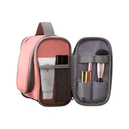 A pink travel storage bag with grey accents, featuring compartments for makeup and toiletries. It has a zip closure and a handle.