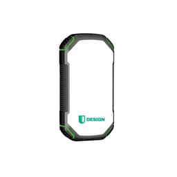 A rugged, black and green outdoor power bank with a white surface and a logo. Suitable for charging devices.