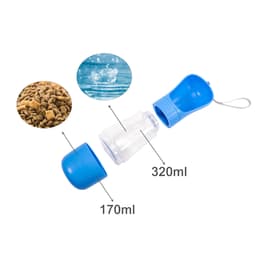 A drink bottle with a clear container and blue lid, featuring a water compartment and a food compartment.