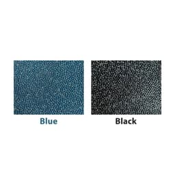 A textured surface featuring two colour swatches: one in blue and the other in black. Both have a granular appearance.