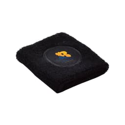 A black Terry Sport Wristband featuring a circular logo in the centre. Soft and made of terry fabric.
