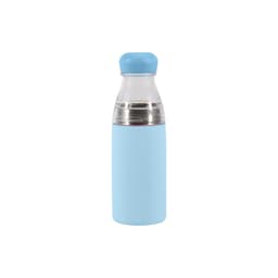 A drink bottle in light blue with a stainless steel vacuum section and a matching cap. It features a logo.