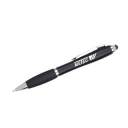 A black stylus pen with a silver clip and tip, featuring a branding logo.