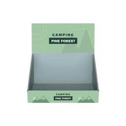A corrugated cardboard counter display featuring a green design with mountain graphics and a branding logo.