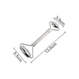 A stainless steel facial roller with two rounded ends, measuring 13.6 cm in length, on a white background.