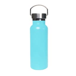 A drink bottle in vibrant turquoise with a stainless steel lid and a metal handle, featuring a logo.