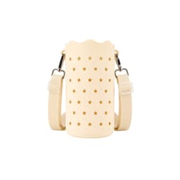 A drink bottle bag in cream with star cut-outs and a beige strap, featuring a logo.