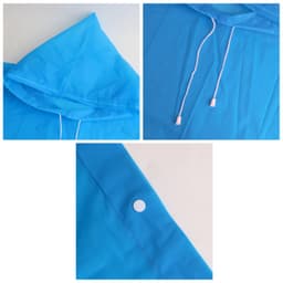 A blue reusable PEVA screen print rain poncho with a hood, drawstrings, and snap button detail.