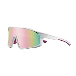 Classic sport glasses featuring a white frame and a mirrored pink lens. The design includes a logo on the side.