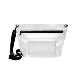 A white PVC crossbody phone bag with a black zipper and strap, featuring a clear pocket on the front.
