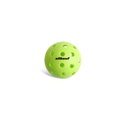 A bright green pickleball with holes, featuring a logo on the surface.