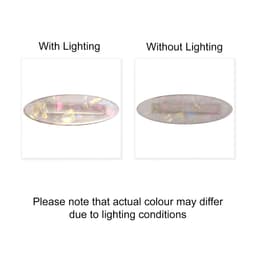 An iridescent fish-shaped hair clip in two lighting conditions, showcasing a blend of pastel colours and design.