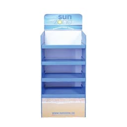 A premium cardboard floor display in blue, featuring multiple shelves for product placement and a logo.