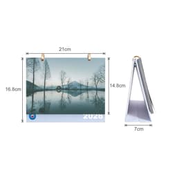 A desk calendar featuring scenic landscape imagery, predominantly in blue and grey tones, with dimensions displayed.