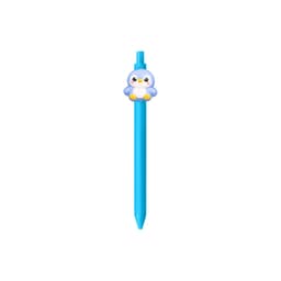 A blue PVC pen featuring a cute penguin character on the top and a logo.