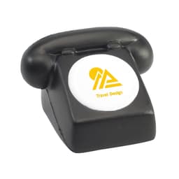 A black phone-shaped stress reliever with a circular area featuring branding. Suitable as a fun keyring accessory.