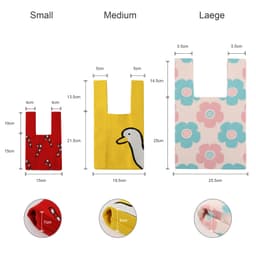 Three knitted knot handbags in red, yellow with a duck design, and pastel blues with flower patterns, displaying size dimensions.