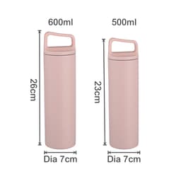 A drink bottle in pink with a handle, available in 500ml and 600ml sizes, featuring a sleek design.