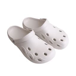 A pair of white Clog Slides featuring multiple ventilation holes and a back strap, with a branding logo.