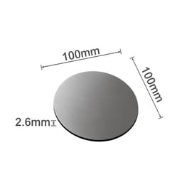 A round metal coaster in a silver finish, measuring 100mm in diameter and 2.6mm in thickness.