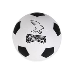 A white and black football-shaped stress reliever featuring a logo on one side.