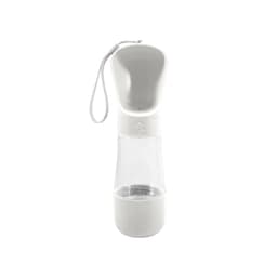 A drink bottle in white with a detachable food container and a built-in carrying strap. It features a logo.