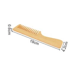 A wide-tooth beech wood comb in a natural wood finish, measuring 19 cm by 4.2 cm.