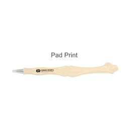 A bone-shaped pen in an off-white colour with a logo on the side.