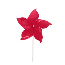 A five-leaf pinwheel in bright pink, mounted on a white stick, with a simple design and a glossy finish.
