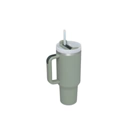 A drink bottle in a matte green finish with a silver lid, straw, and a handle for easy carrying.