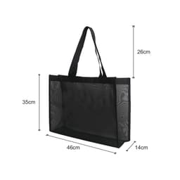 A black transparent mesh tote bag with dimensions displayed, featuring sturdy handles and an open design.