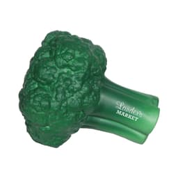 A green cauliflower-shaped stress reliever with a textured surface and a brand logo on the stem.
