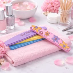A sponge half-moon shaped nail file in purple, yellow, and pink, resting on a pink towel among beauty products and flowers.