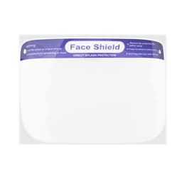A clear protective face shield with a blue branding band at the top, designed for splash protection.