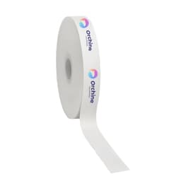 A roll of white satin polyester ribbon featuring a logo printed along its side.