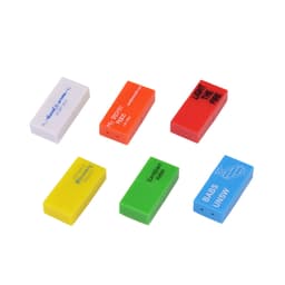 A collection of brick-shaped flash drives in blue, orange, yellow, green, and red, featuring various logos.