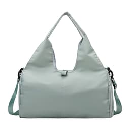 A light green duffle bag with a yoga mat strap, featuring a logo and adjustable shoulder strap.
