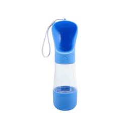 A drink bottle with a blue top and base, featuring a clear body and a built-in food container. The bottle has a strap and a logo.