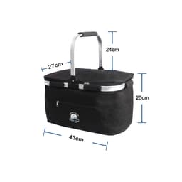 A black picnic cooler basket with a silver handle, featuring a zippered pocket and a branding logo.
