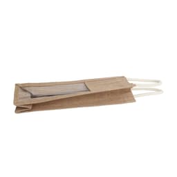 A jute wine carrier in natural beige with a transparent window and two handles, featuring a logo.