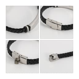 A black leather twine bracelet featuring a silver clasp, displayed from multiple angles.