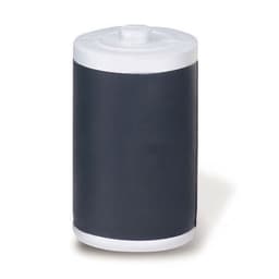 A battery-shaped stress reliever in black and white, with a smooth surface and rounded top.